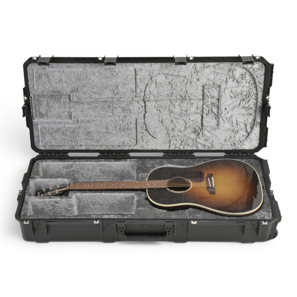 SKB Cases iSeries waterproof dreadnought guitar case with platinum plush interior and acoustic guitar inside