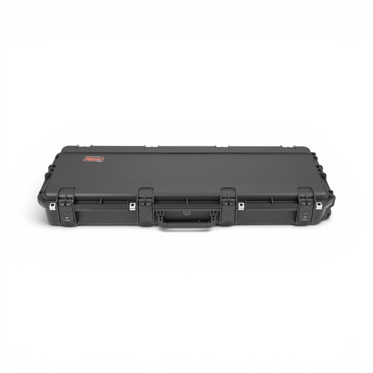 SKB Cases iSeries waterproof guitar flight case in black with heavy-duty latches and a durable polypropylene shell.