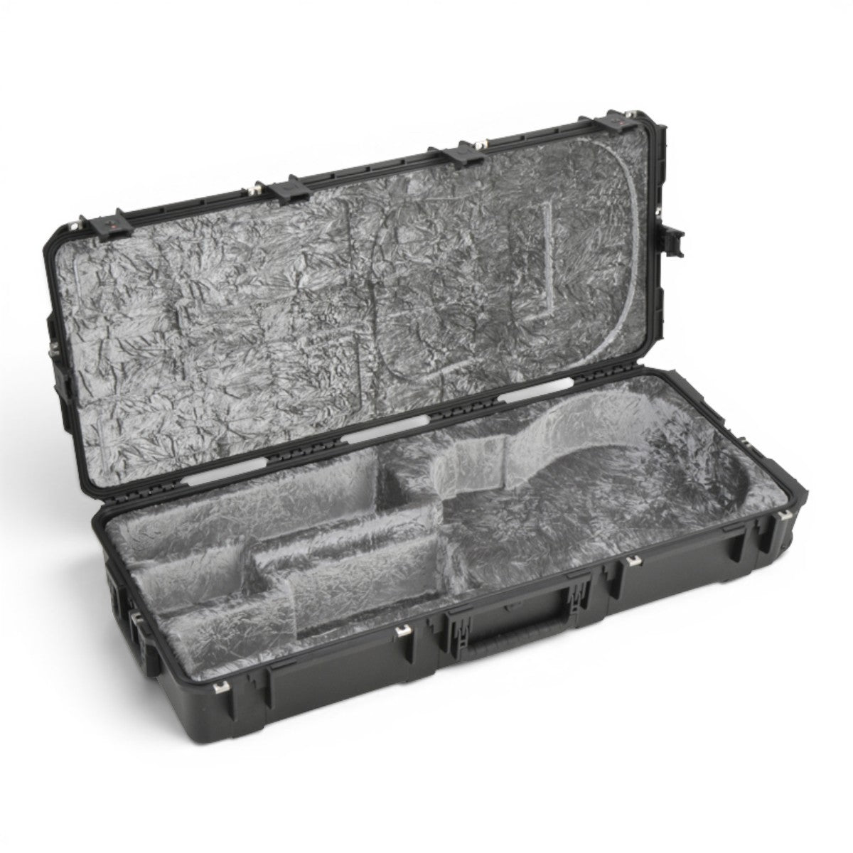 SKB Cases iSeries waterproof acoustic guitar case with open lid showing platinum plush interior and molded support.