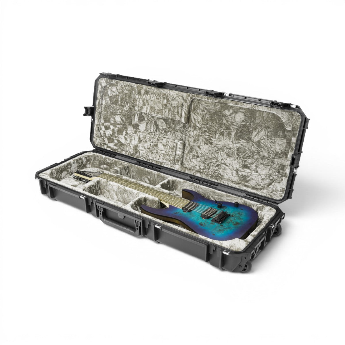 SKB Cases iSeries waterproof electric guitar flight case with platinum plush interior and blue guitar inside