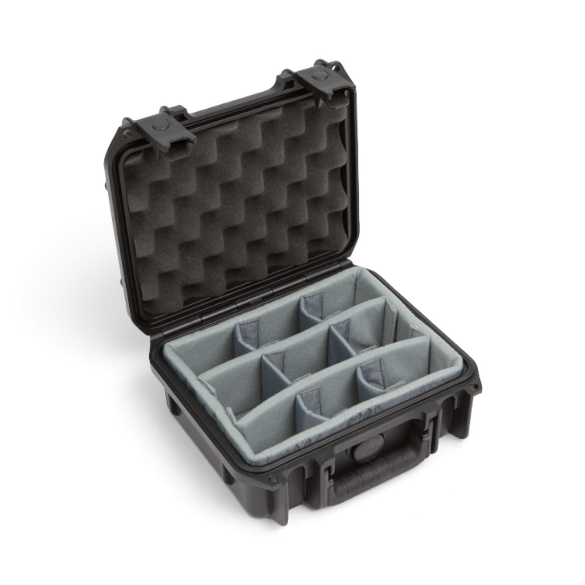 SKB Cases iSeries 0907-4 waterproof hard case in black with grey padded interior dividers and egg-crate foam lid.