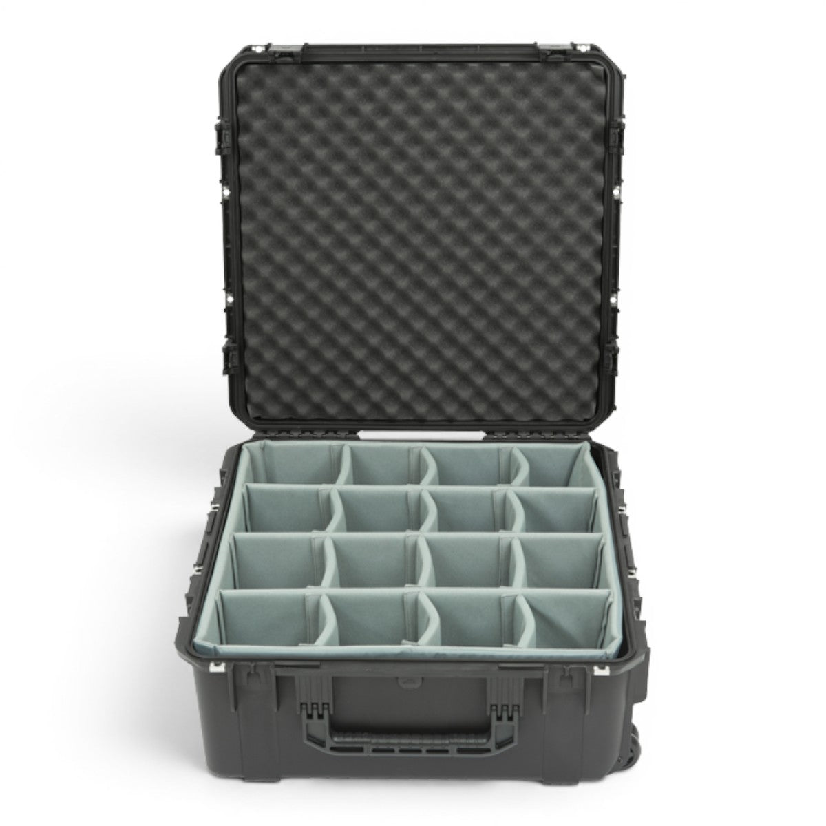 SKB Cases iSeries 2424-10 waterproof hard case with open lid, foam-lined interior, and grey adjustable dividers.