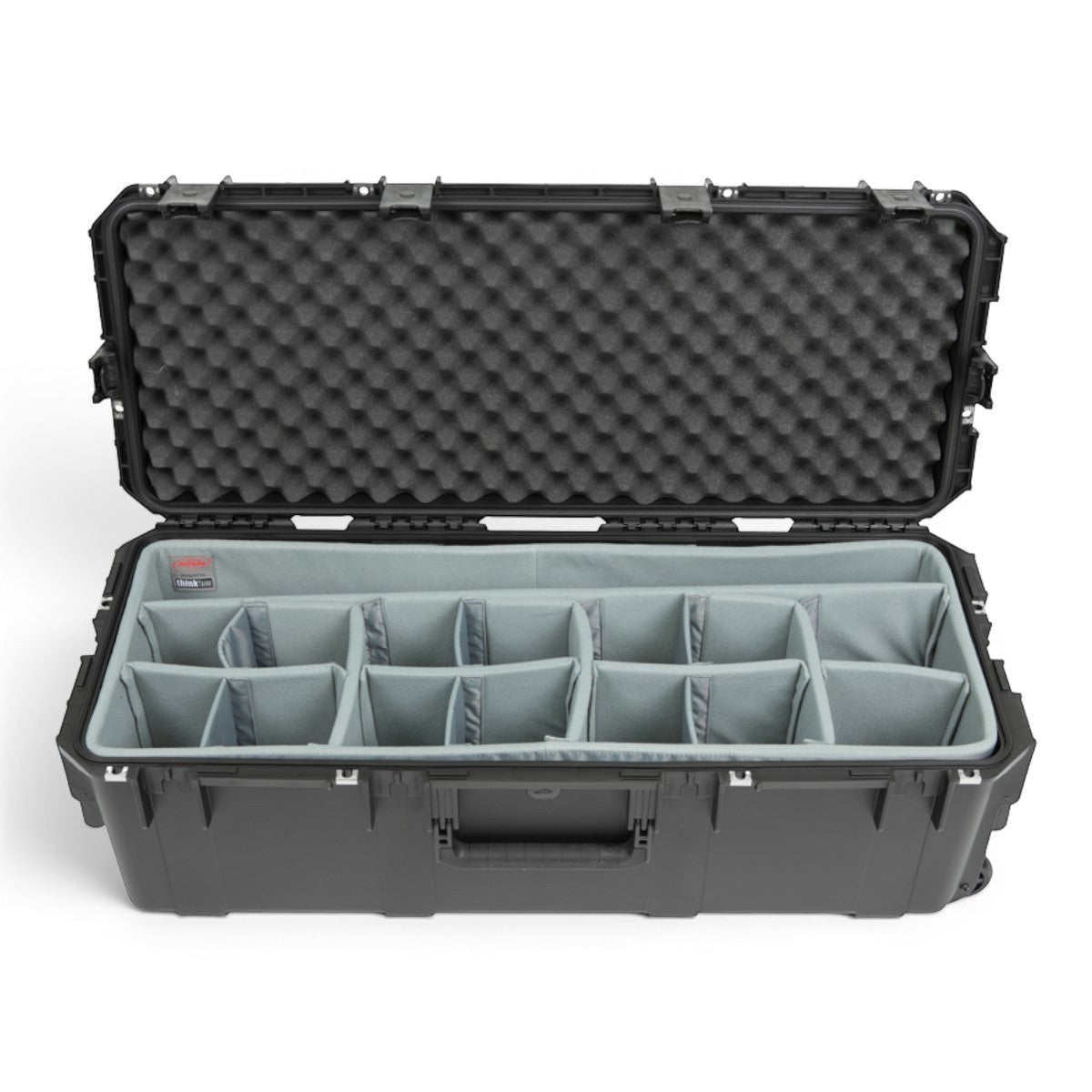 SKB Cases iSeries 3613-12 waterproof hard case in black with open lid and grey padded interior dividers