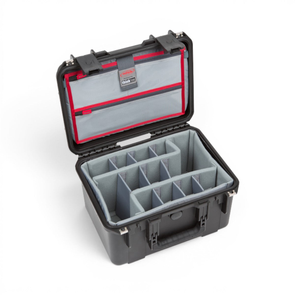 SKB Cases iSeries 1510-9 waterproof hard case with grey padded dividers and a red-trimmed lid organizer.