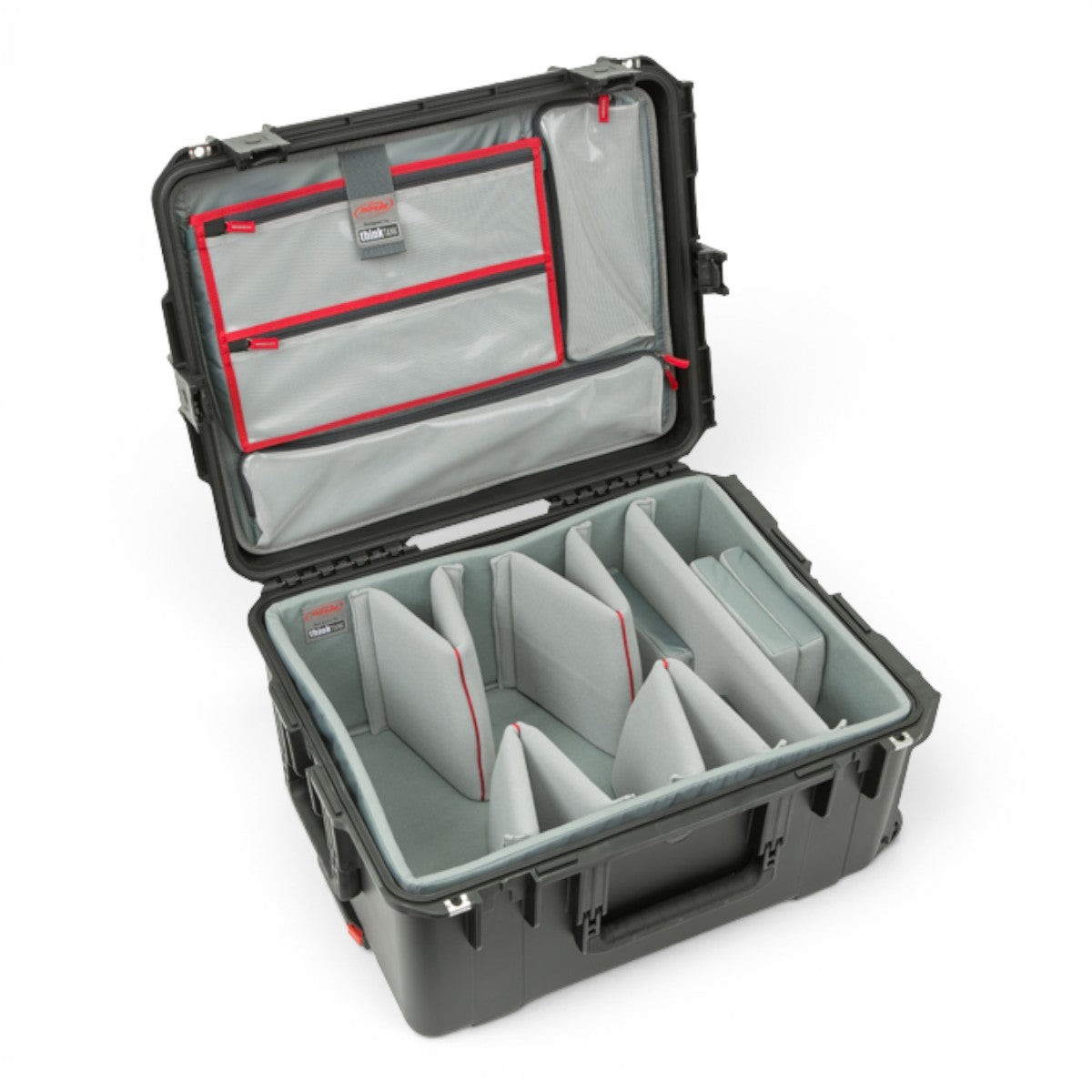 SKB Cases iSeries 2217-10 waterproof hard case with grey interior dividers and red-trimmed storage pockets