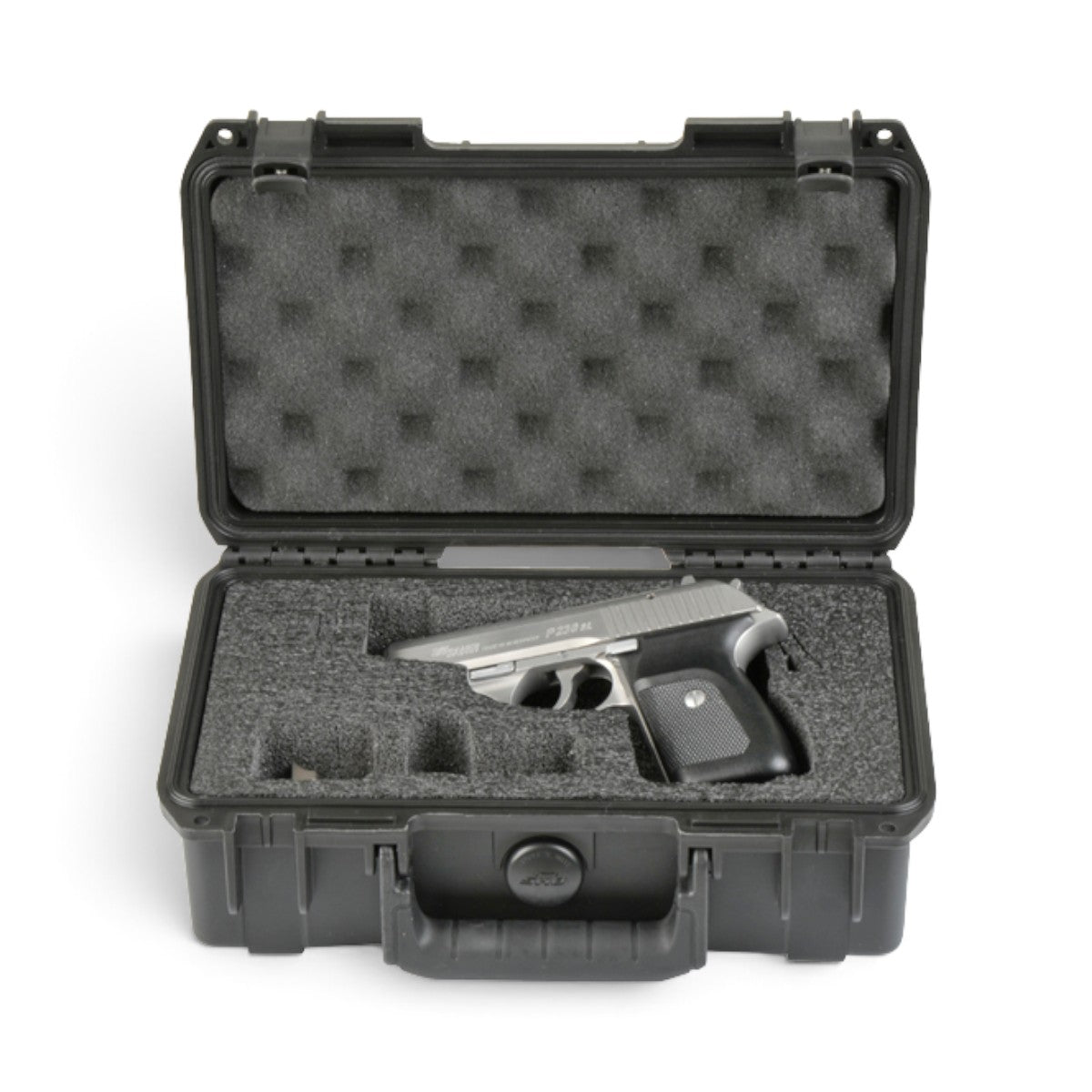 SKB Cases iSeries 1006-3 waterproof black pistol case with custom foam interior holding a single handgun