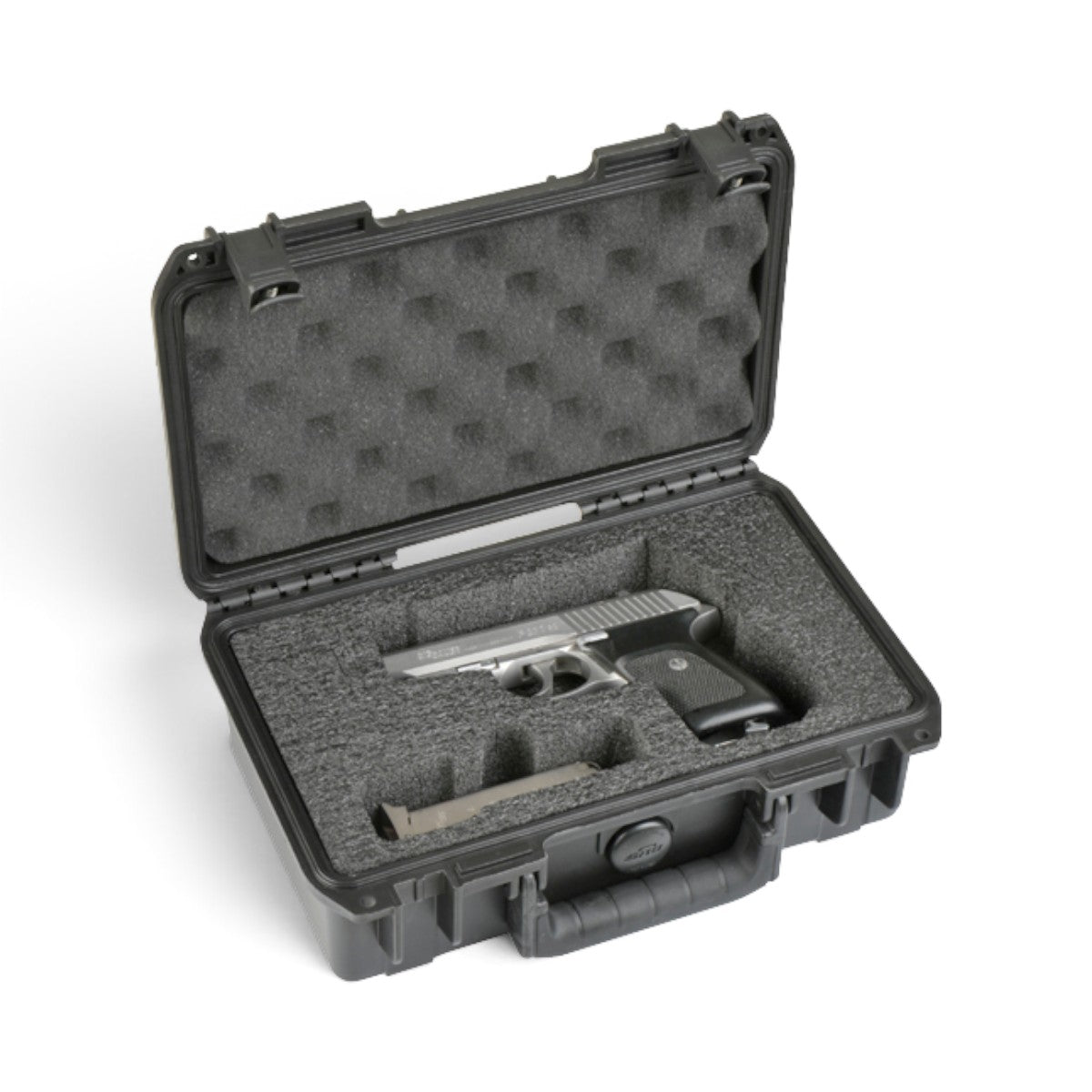SKB Cases iSeries 1006-3 black waterproof pistol case with custom foam interior holding a handgun and magazine.
