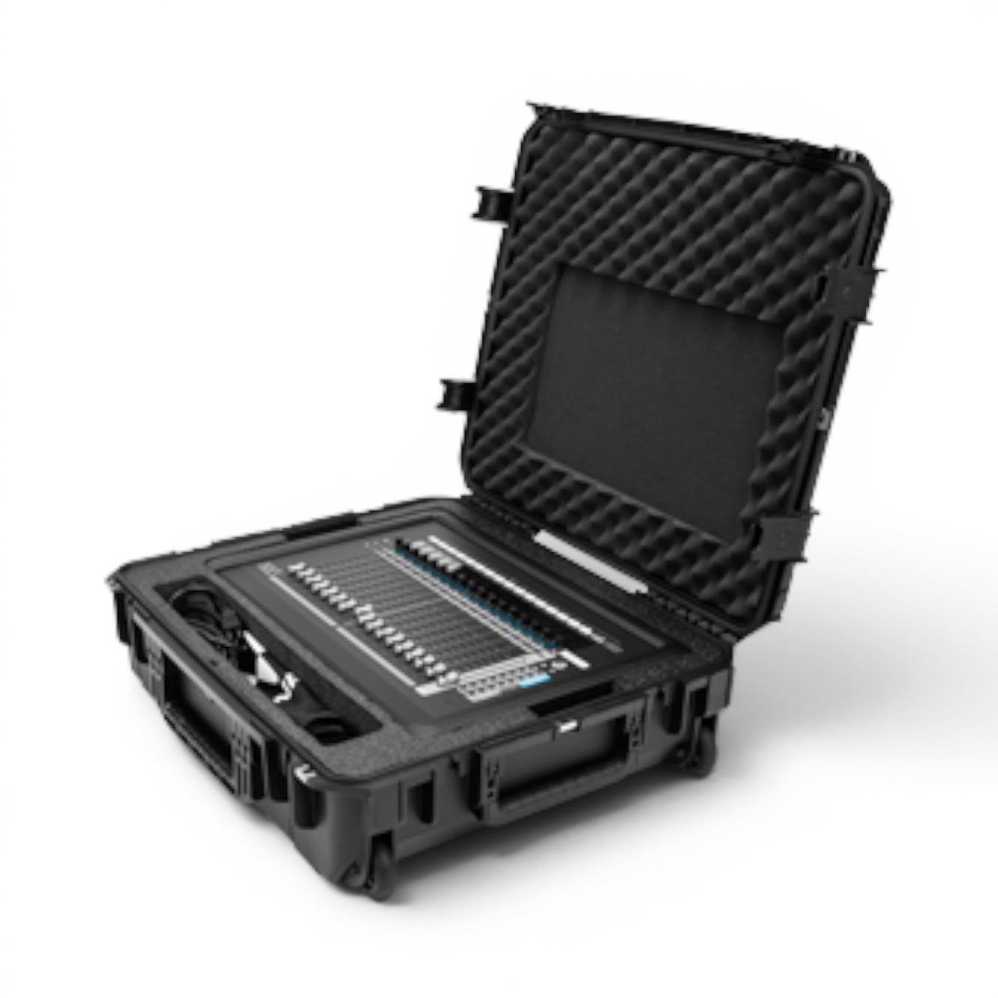 SKB Cases iSeries waterproof control case with custom foam interior holding a Waves eMotion LV1 mixer