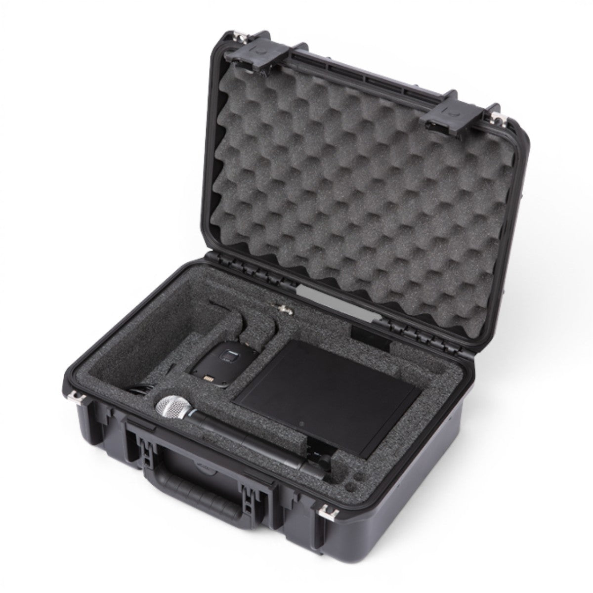 SKB Cases iSeries 1711-6 waterproof hard case with custom foam interior holding a wireless microphone system