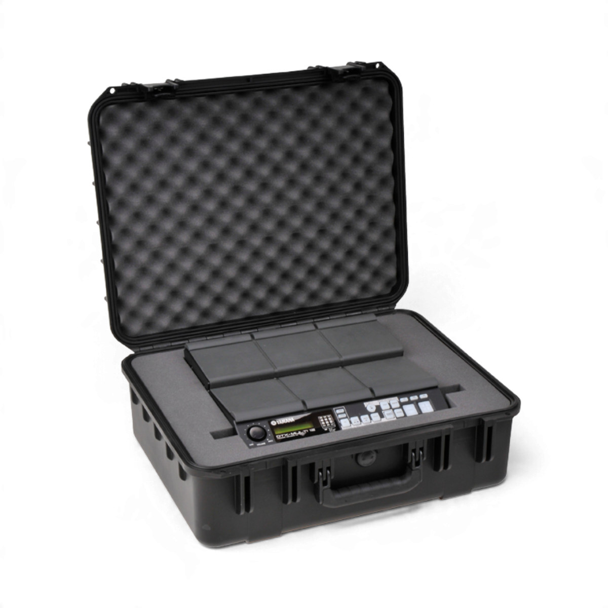 SKB Cases iSeries waterproof hard case containing a Yamaha DTX-MULTI 12 percussion pad with custom foam interior.