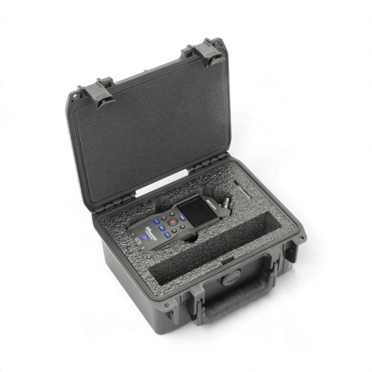 SKB Cases iSeries waterproof hard case with custom foam interior holding a Zoom H4essential portable recorder