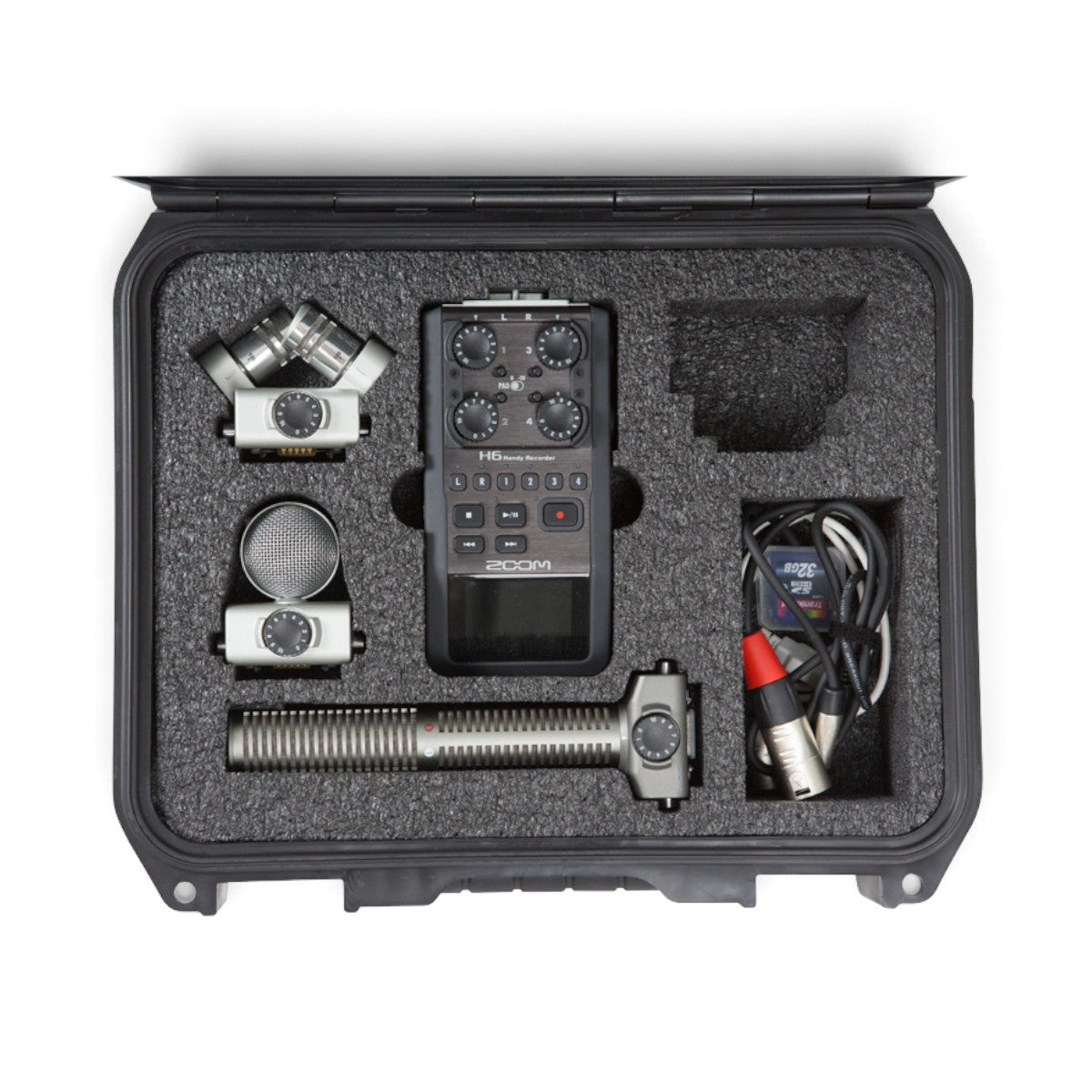 SKB Cases iSeries 1209-4 waterproof hard case for Zoom H6 recorder with custom foam interior and microphone capsules.