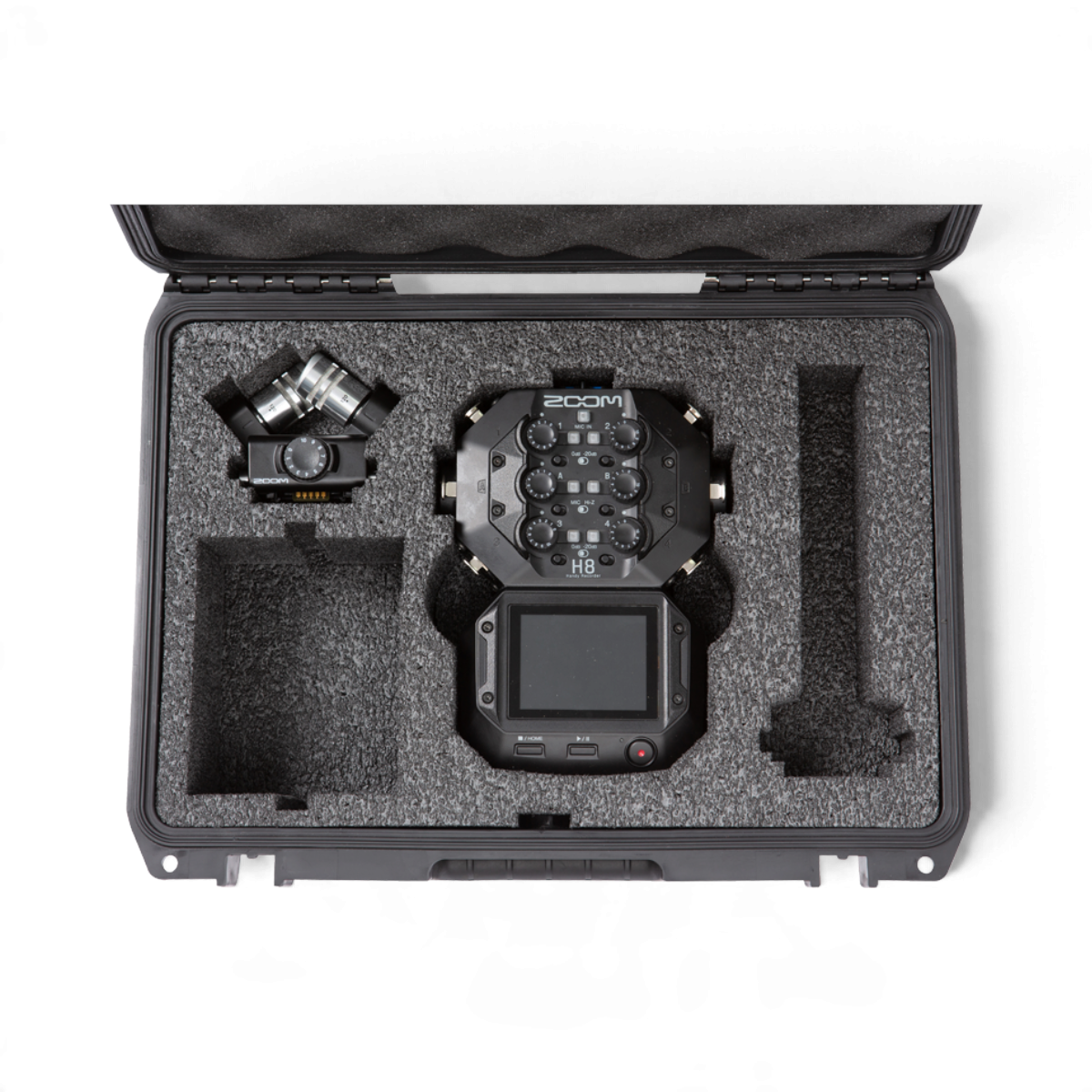 SKB Cases iSeries waterproof hard case with custom foam interior for Zoom H8 recorder and microphone capsules.