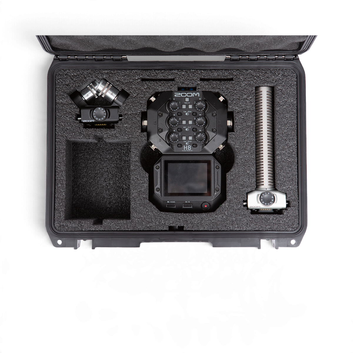 SKB Cases iSeries waterproof hard case with custom foam interior holding a Zoom H8 recorder and microphone capsules.