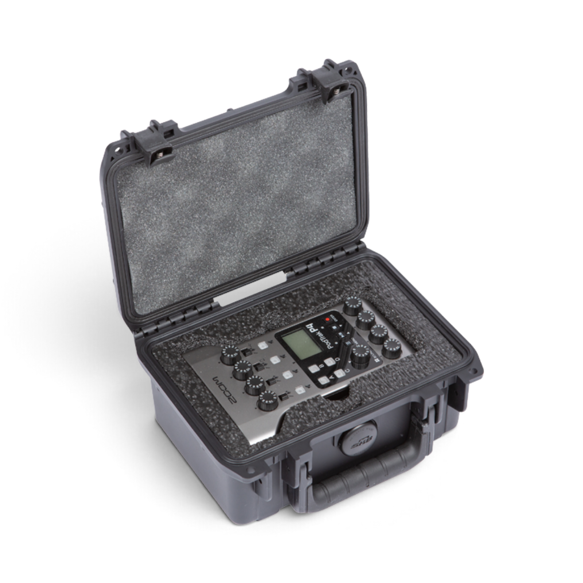 SKB Cases iSeries waterproof hard case with custom foam interior holding a Zoom PodTrak P4 audio recorder