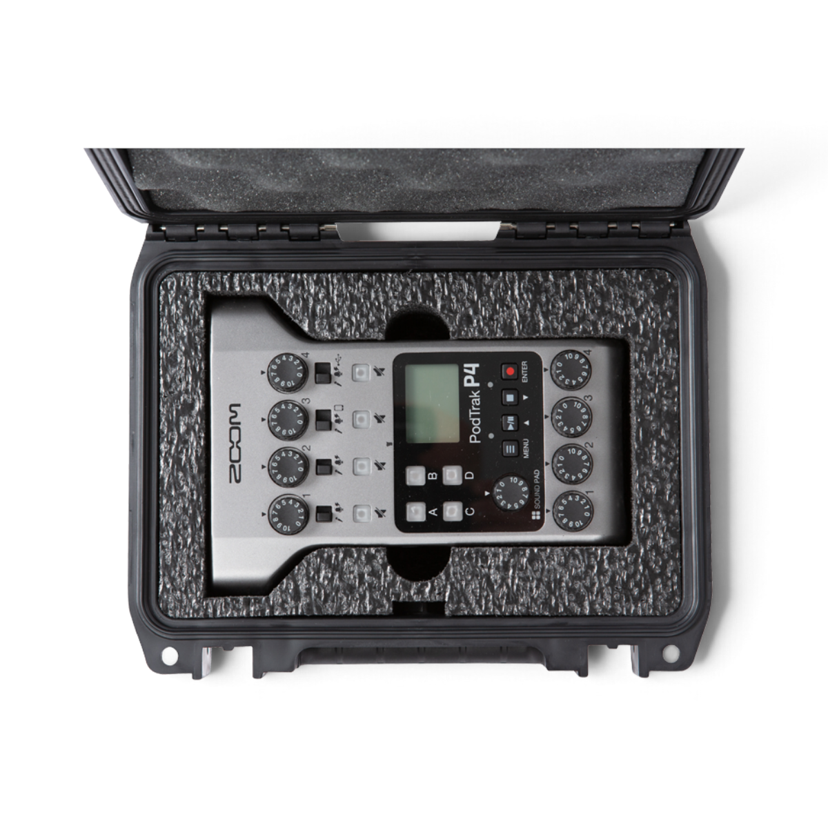 SKB Cases iSeries waterproof hard case with custom foam interior holding a Zoom PodTrak P4 audio recorder