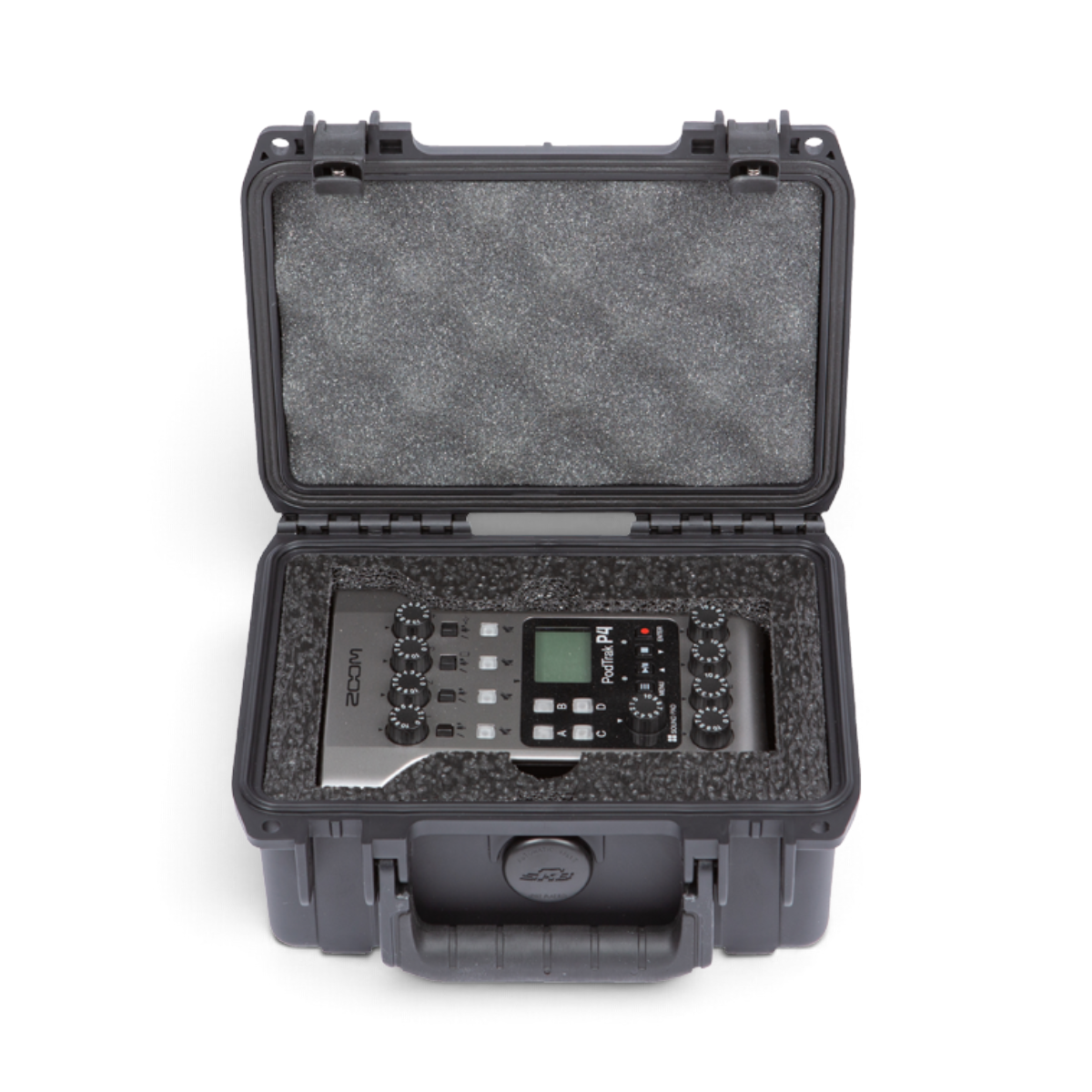 SKB Cases iSeries waterproof hard case with custom foam interior holding a Zoom PodTrak P4 audio recorder