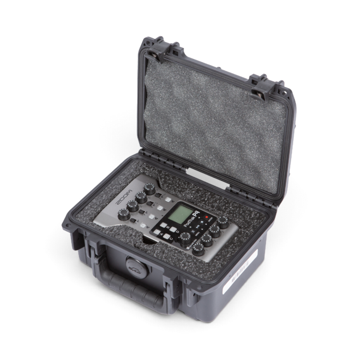 SKB Cases iSeries waterproof hard case with custom foam interior holding a Zoom PodTrak P4 audio recorder.