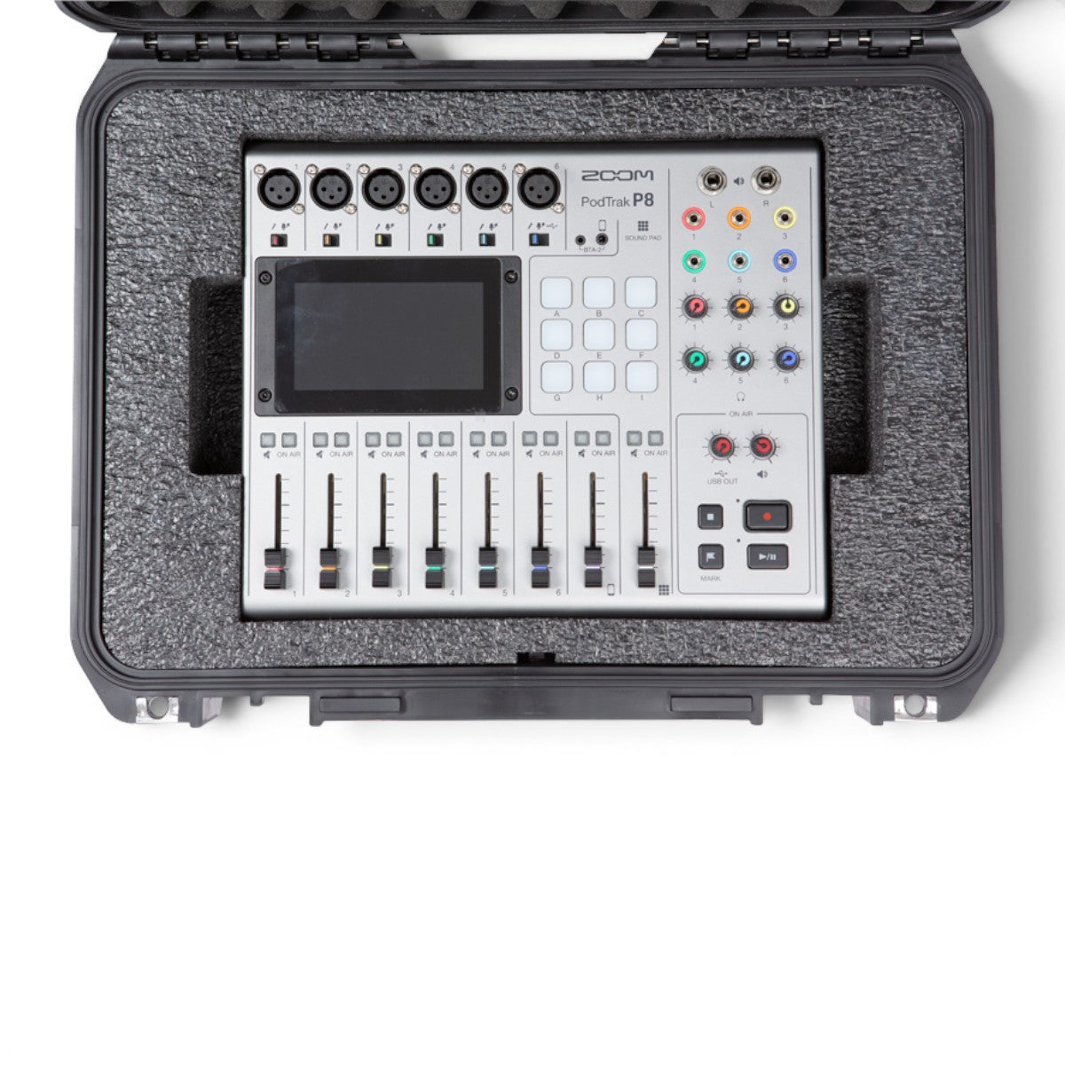 SKB Cases iSeries 1711-6 waterproof hard case with custom foam interior holding a Zoom PodTrak P8 podcast recorder.