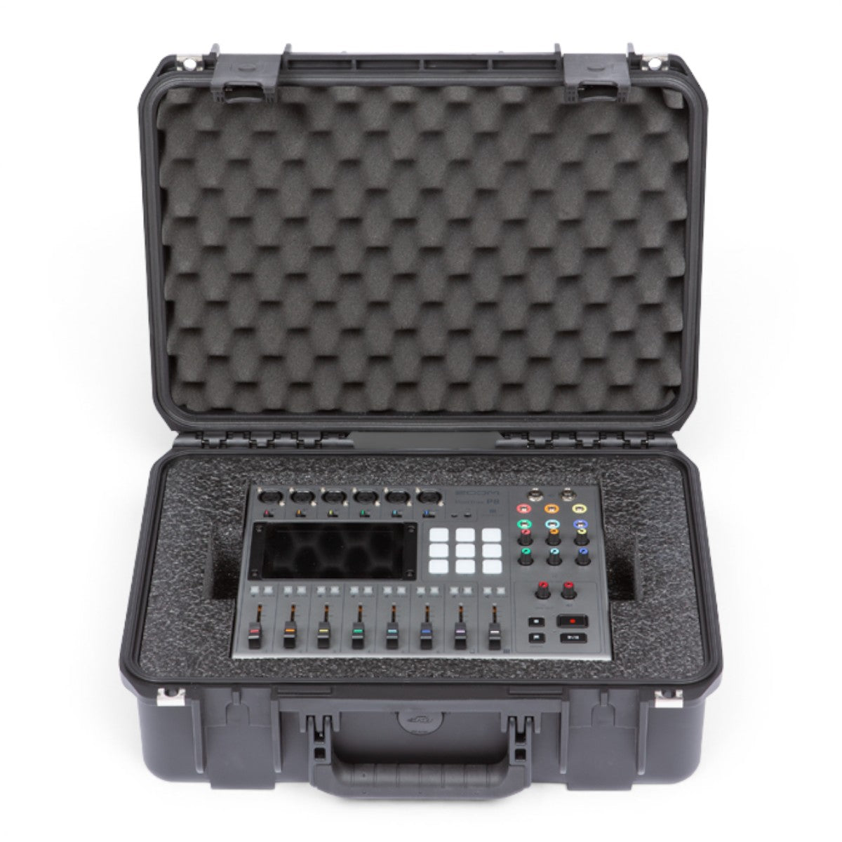 SKB Cases iSeries waterproof hard case with custom foam interior holding a Zoom PodTrak P8 podcast recorder