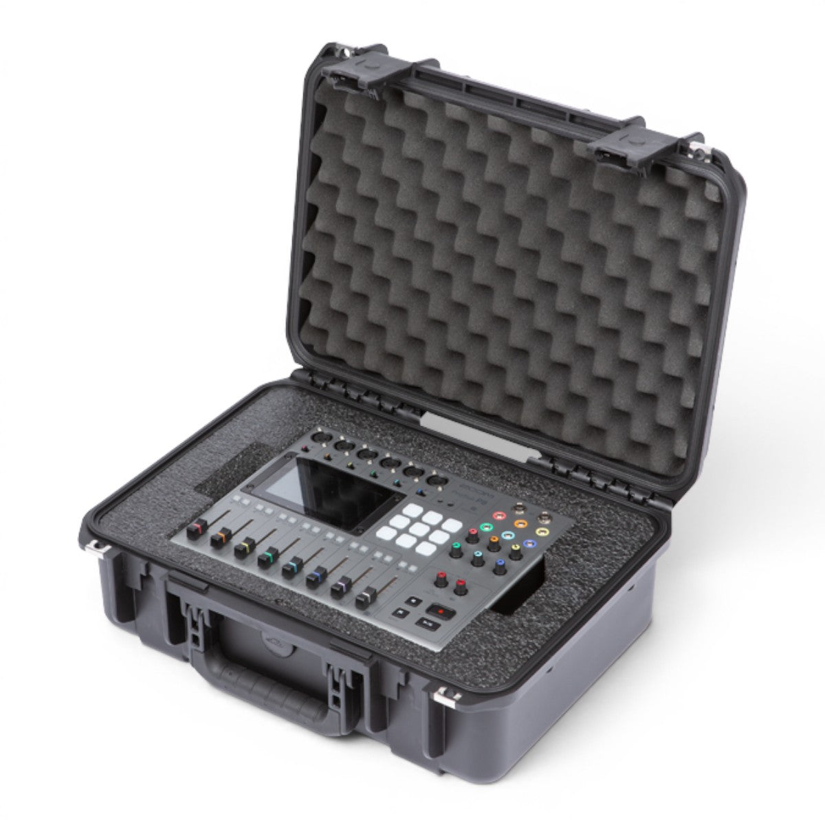 SKB Cases iSeries waterproof hard case with custom foam insert holding a Zoom PodTrak P8 podcast recorder