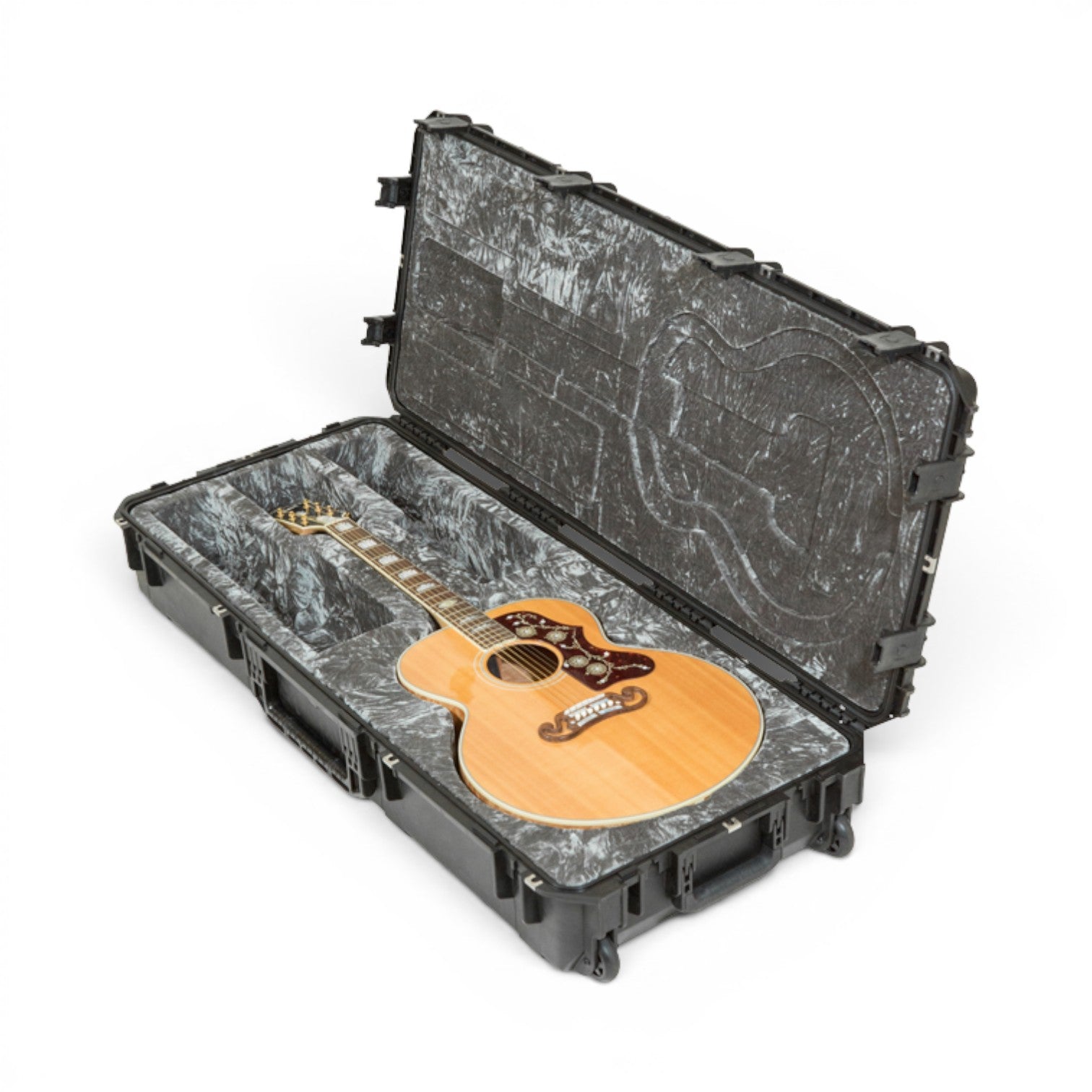 SKB Cases iSeries jumbo acoustic guitar case with black waterproof exterior and plush grey interior lining