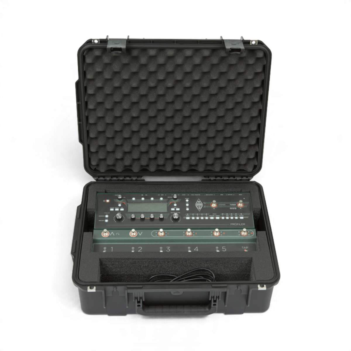 SKB Cases iSeries waterproof hard case with custom foam interior holding a Kemper Profiler Stage guitar processor