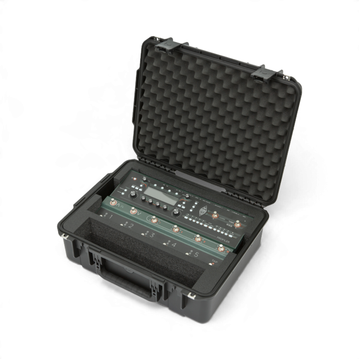 SKB Cases iSeries waterproof hard case with custom foam interior holding a Kemper Profiler Stage guitar processor