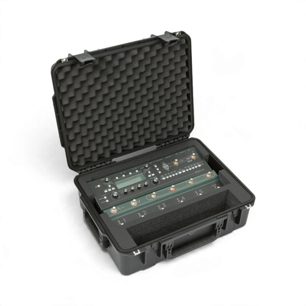 SKB Cases iSeries waterproof hard case with custom foam interior holding a Kemper Profiler Stage guitar processor