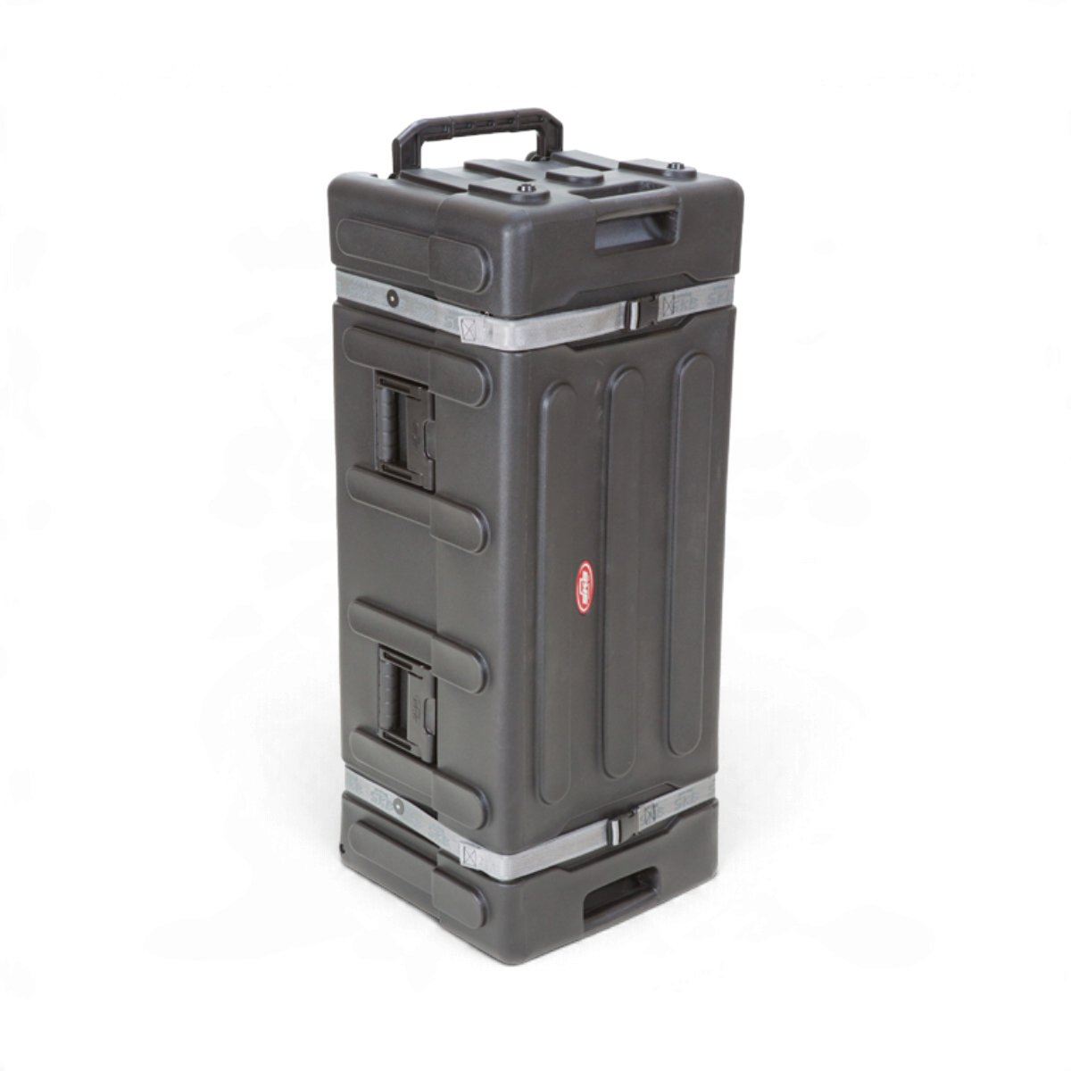 SKB Cases large black drum hardware case with wheels, telescoping lift-off cover, and ergonomic side handles.