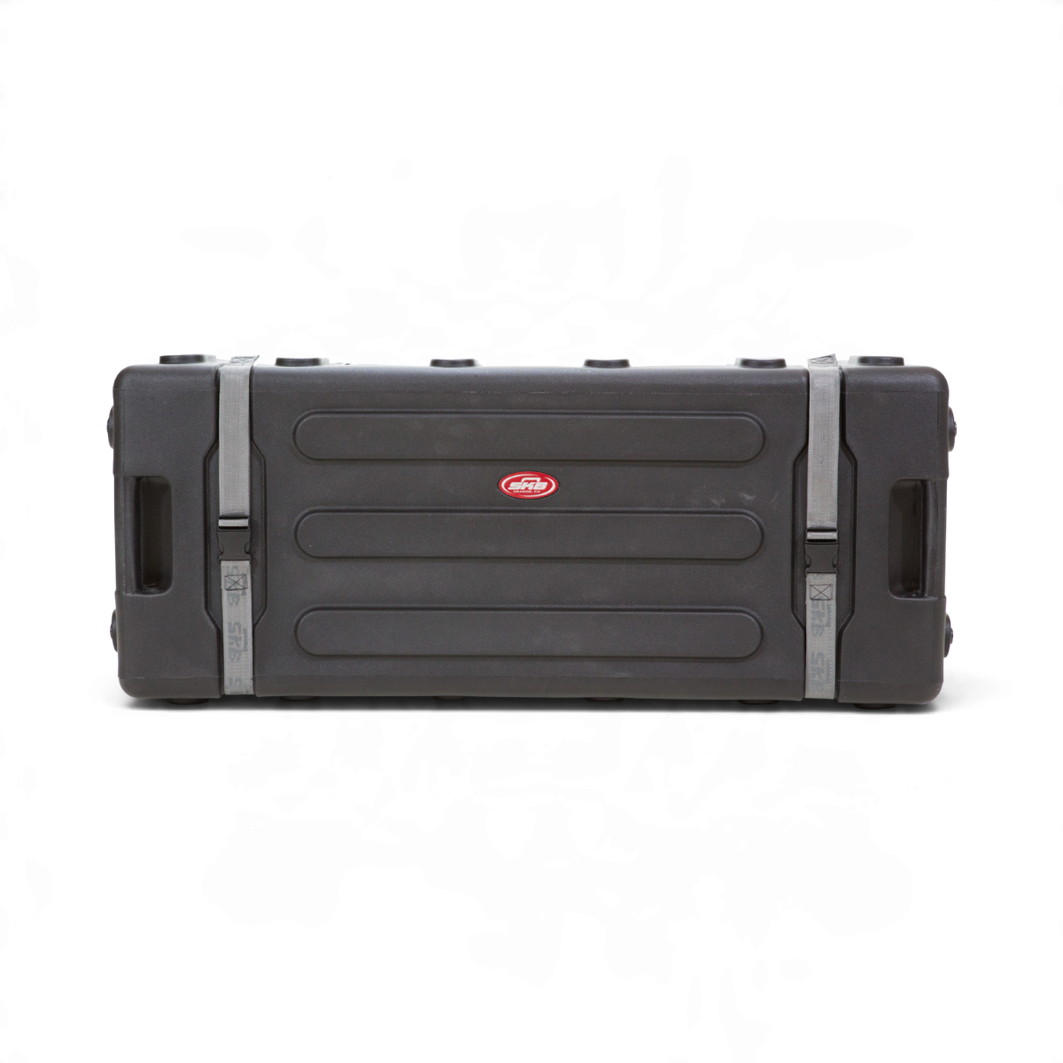 SKB Cases large black drum hardware case with wheels, telescoping cover, and durable nylon web cinch straps.