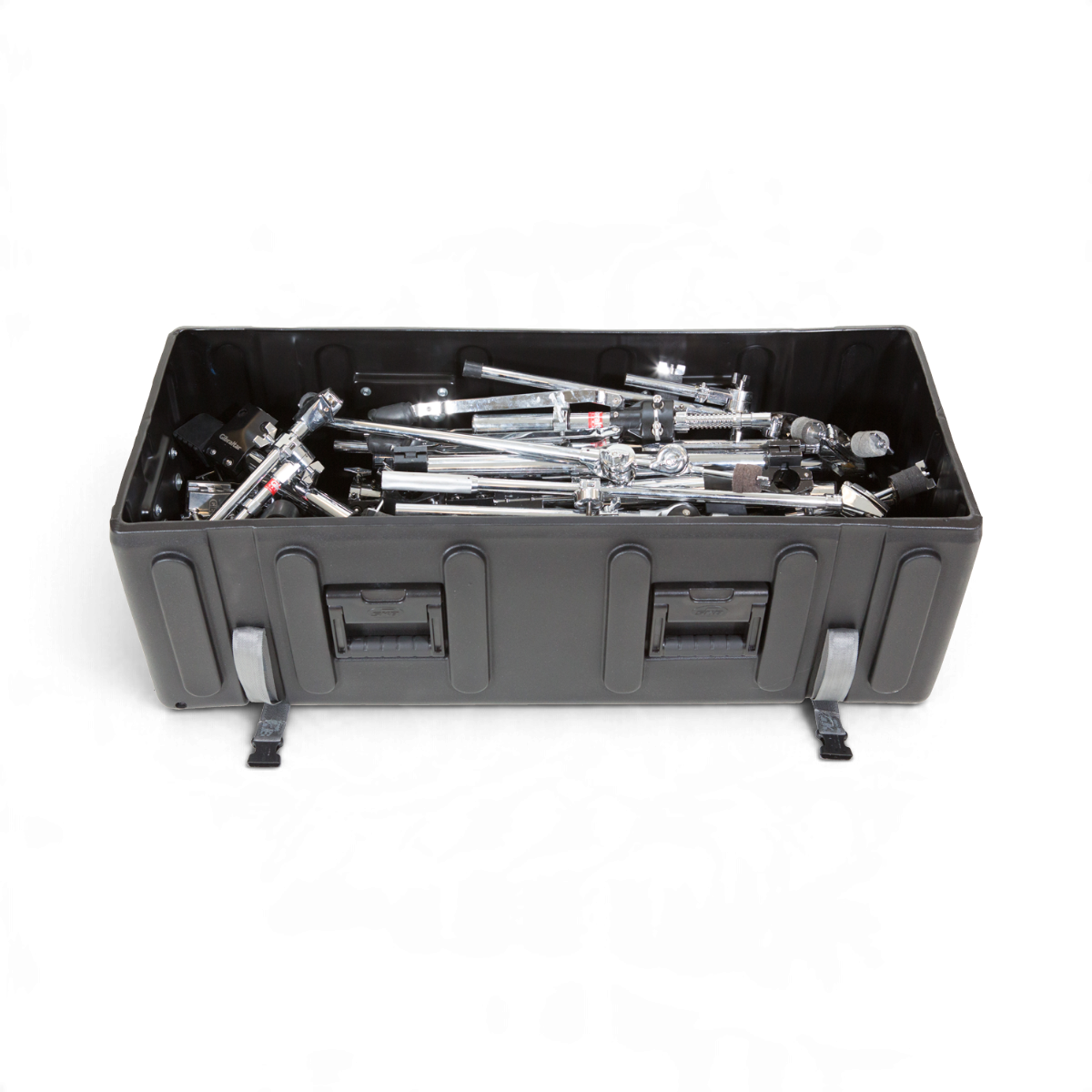 SKB Cases large black drum hardware case filled with chrome stands and accessories on a white background