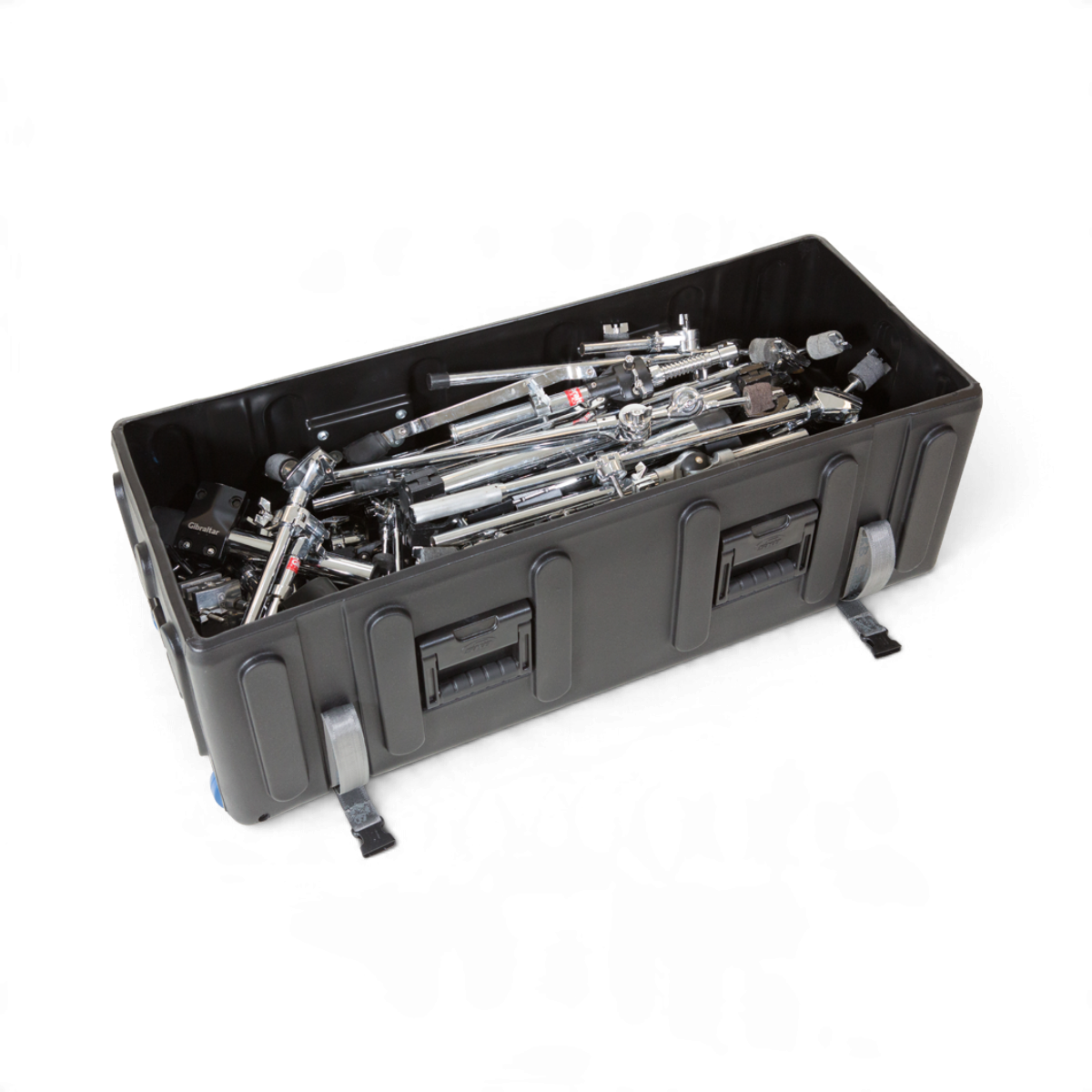 SKB Cases large black drum hardware case filled with chrome stands and accessories, featuring built-in wheels.