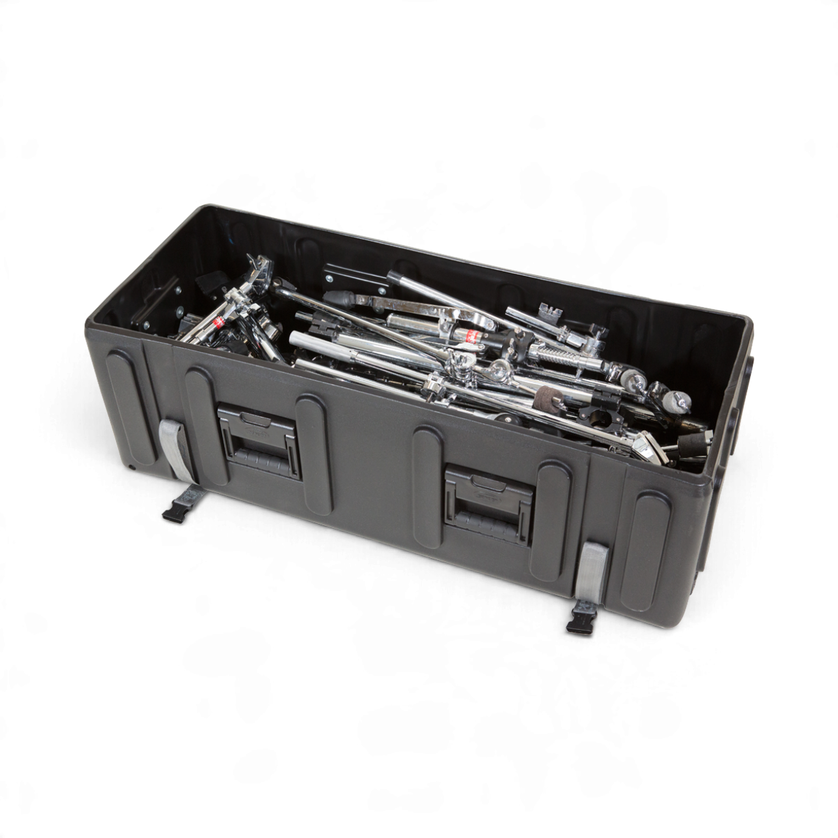 SKB Cases large black polyethylene drum hardware case with wheels and internal metal stands on a white background