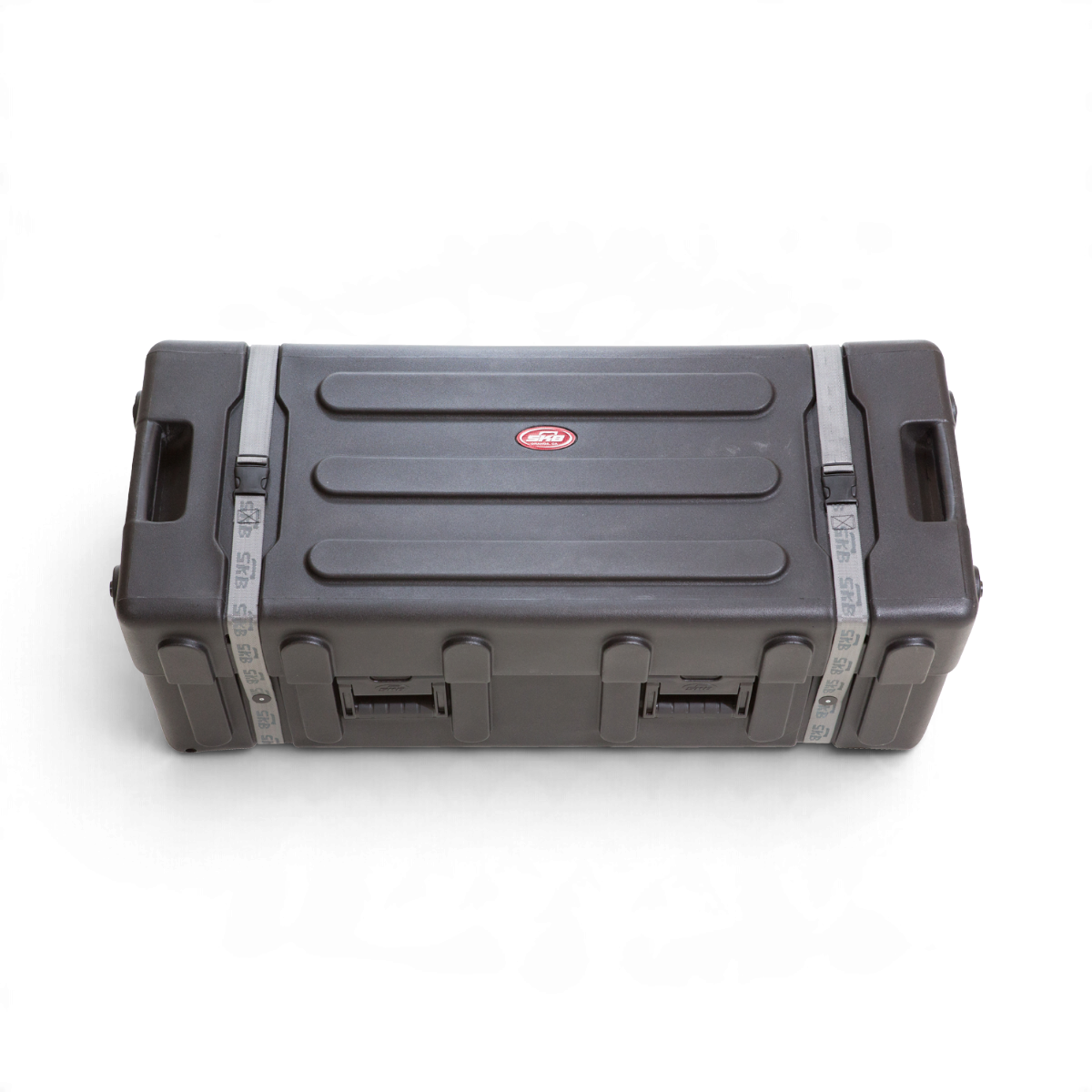 SKB Cases large black drum hardware case with wheels, telescoping lid, and nylon web cinch closures.
