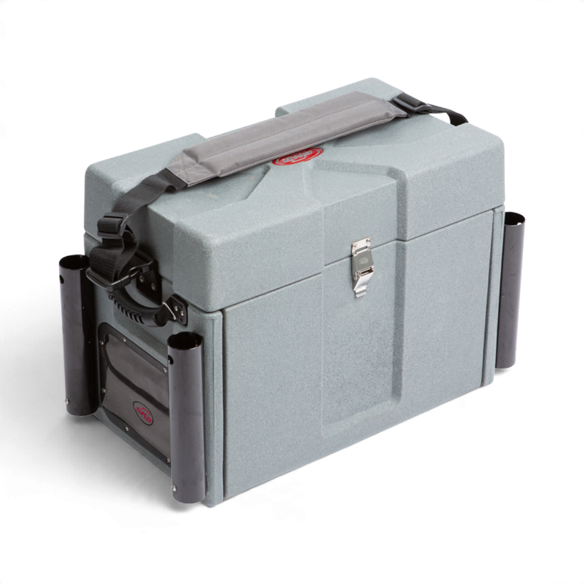 SKB Cases 7200 large grey rotationally molded tackle box with rocket launcher tubes and removable shoulder strap.