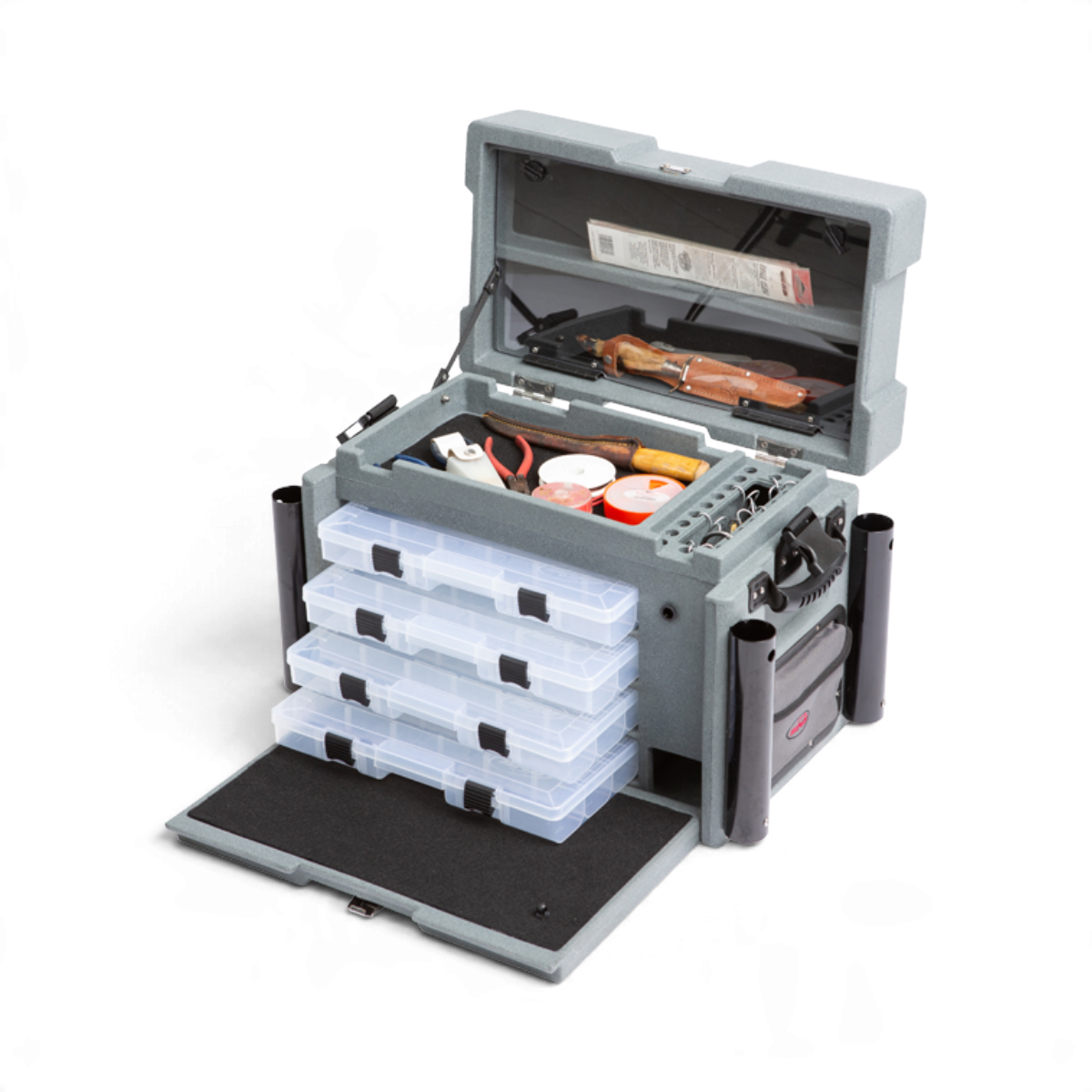 SKB Cases 7200 large grey tackle box with four internal storage drawers, jig hanging area, and rocket launcher tubes.