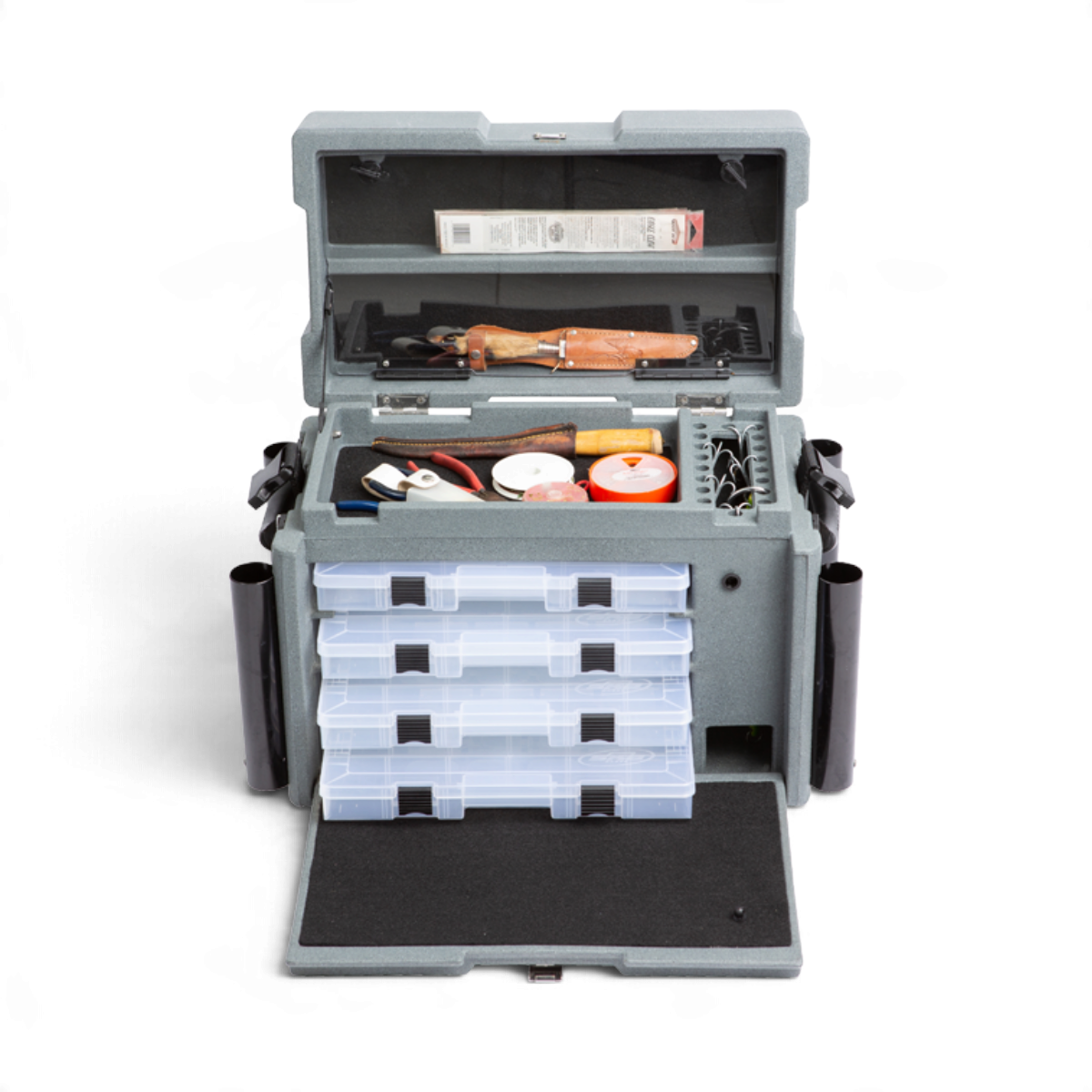 SKB Cases 7200 large grey tackle box with four internal storage trays, jig storage, and side rod holders.