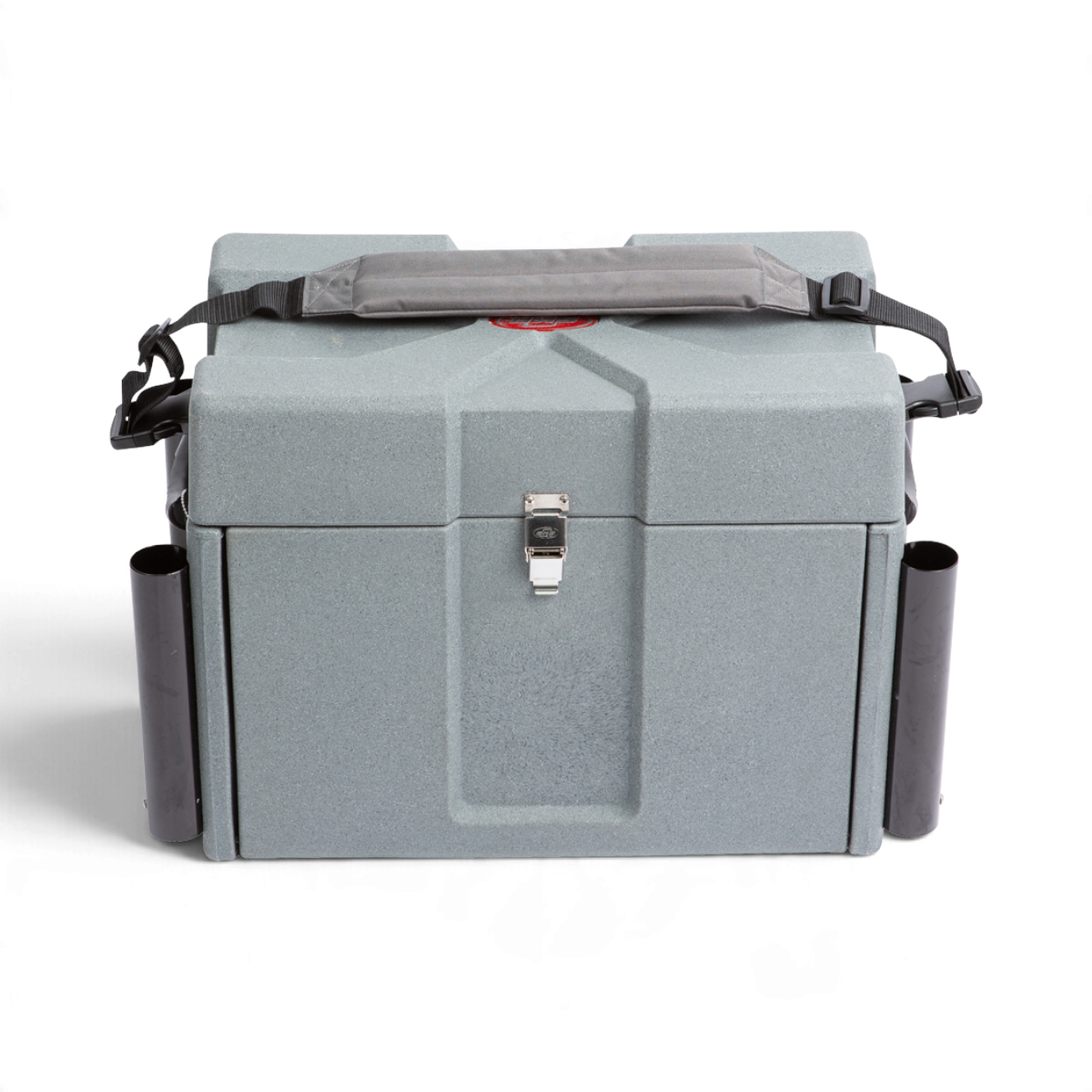 SKB Cases 7200 large grey tackle box with stainless steel latch, side rod holders, and a padded shoulder strap.