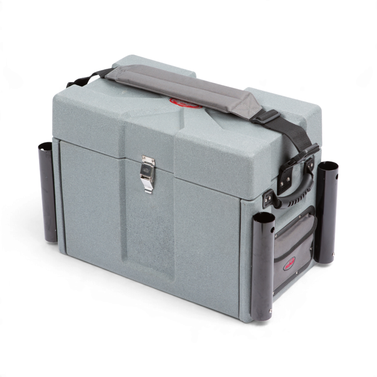 SKB Cases 7200 large grey rotationally molded tackle box with shoulder strap, side rod tubes, and stainless hardware.
