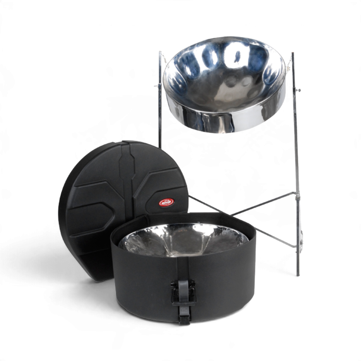 SKB Cases lead tenor steel drum case in black roto-molded plastic with a steel pan on a stand in the background