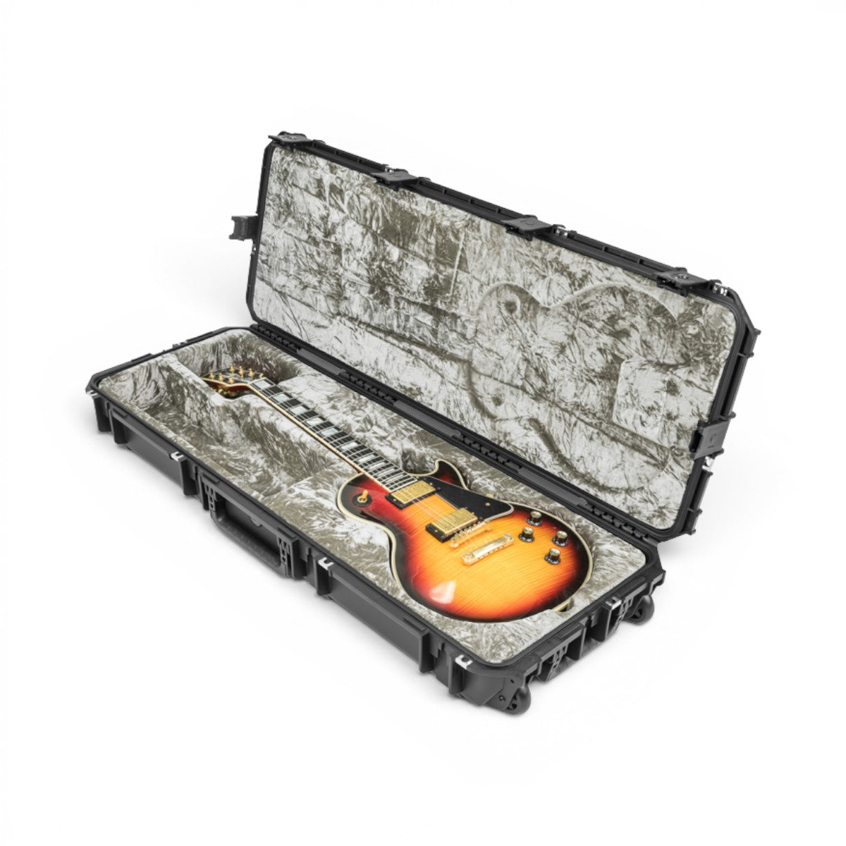 SKB Cases iSeries waterproof flight case containing a sunburst Les Paul electric guitar with platinum plush interior
