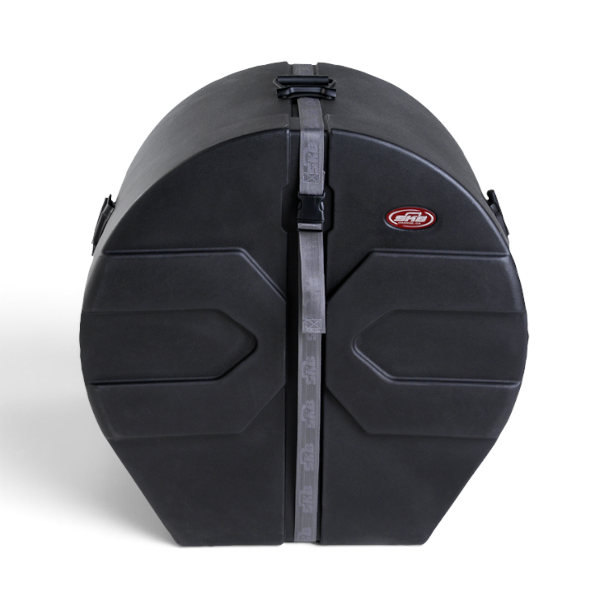 SKB Cases 14x28 marching bass drum case in black roto-molded plastic with D-shaped design and secure strap closure.
