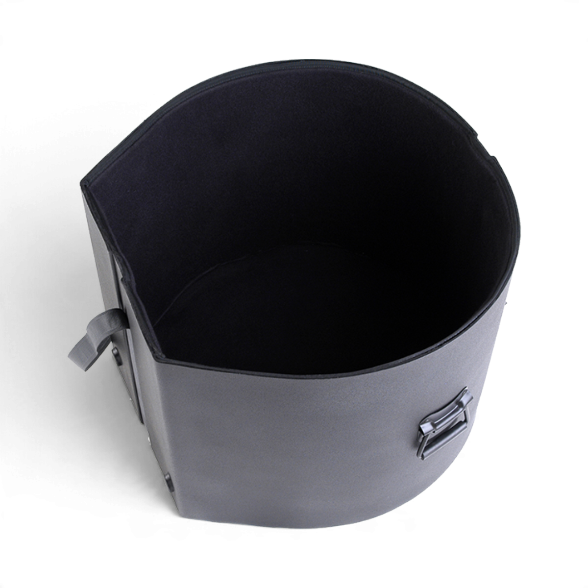 SKB Cases 14 x 24 marching bass drum case with a black roto-molded D-shaped shell and padded interior.