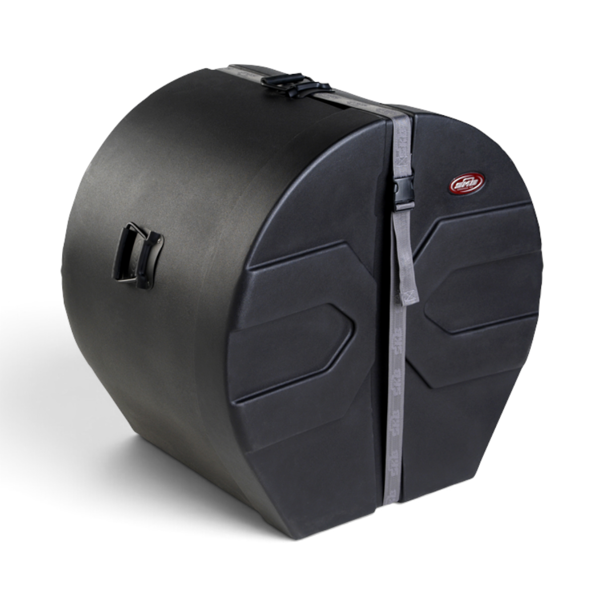 SKB Cases 14x28 marching bass drum case in black with a durable roto-molded D-shaped design and secure strap.