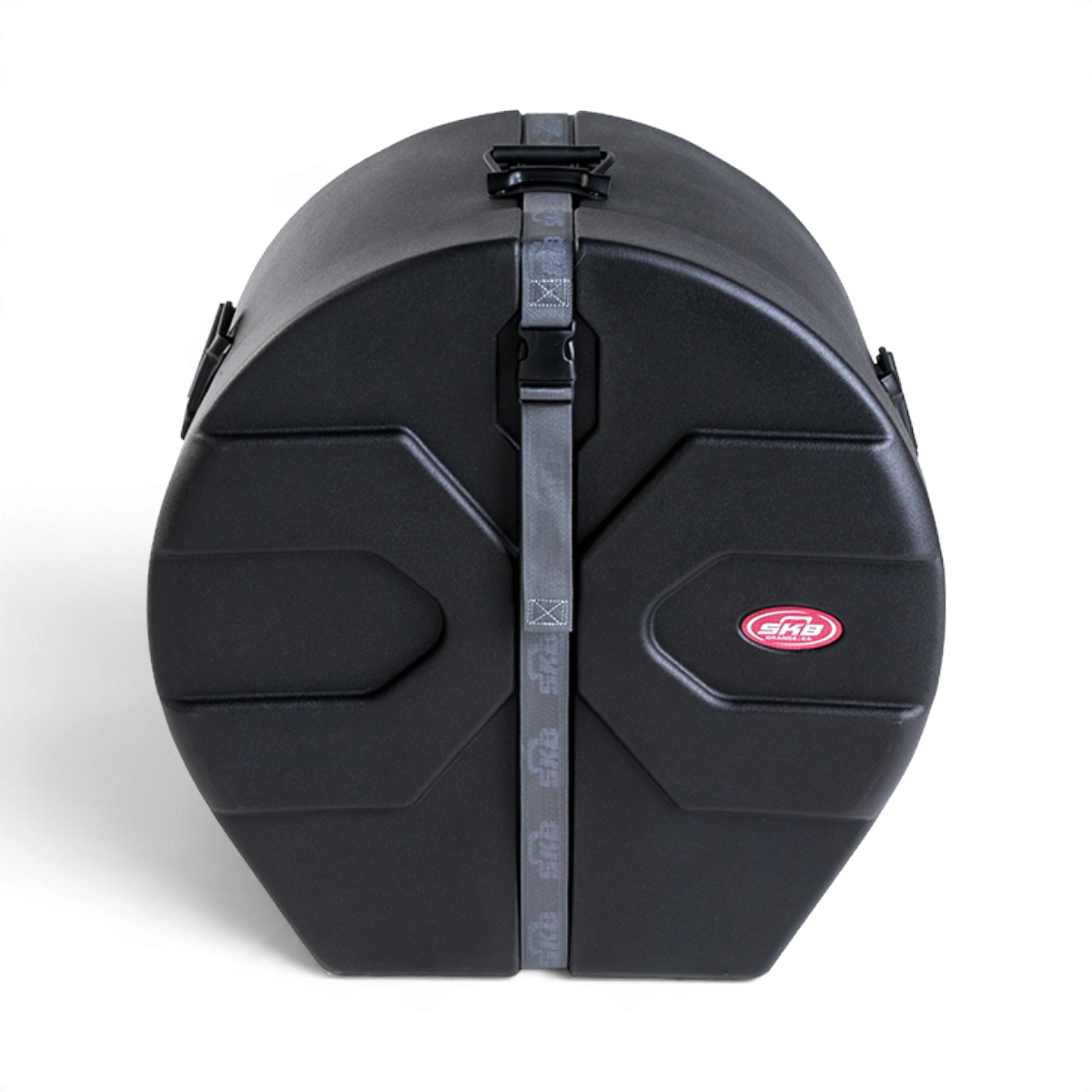 SKB Cases 14 x 24 marching bass drum case in black with Roto-X pattern, secure strap, and padded interior.
