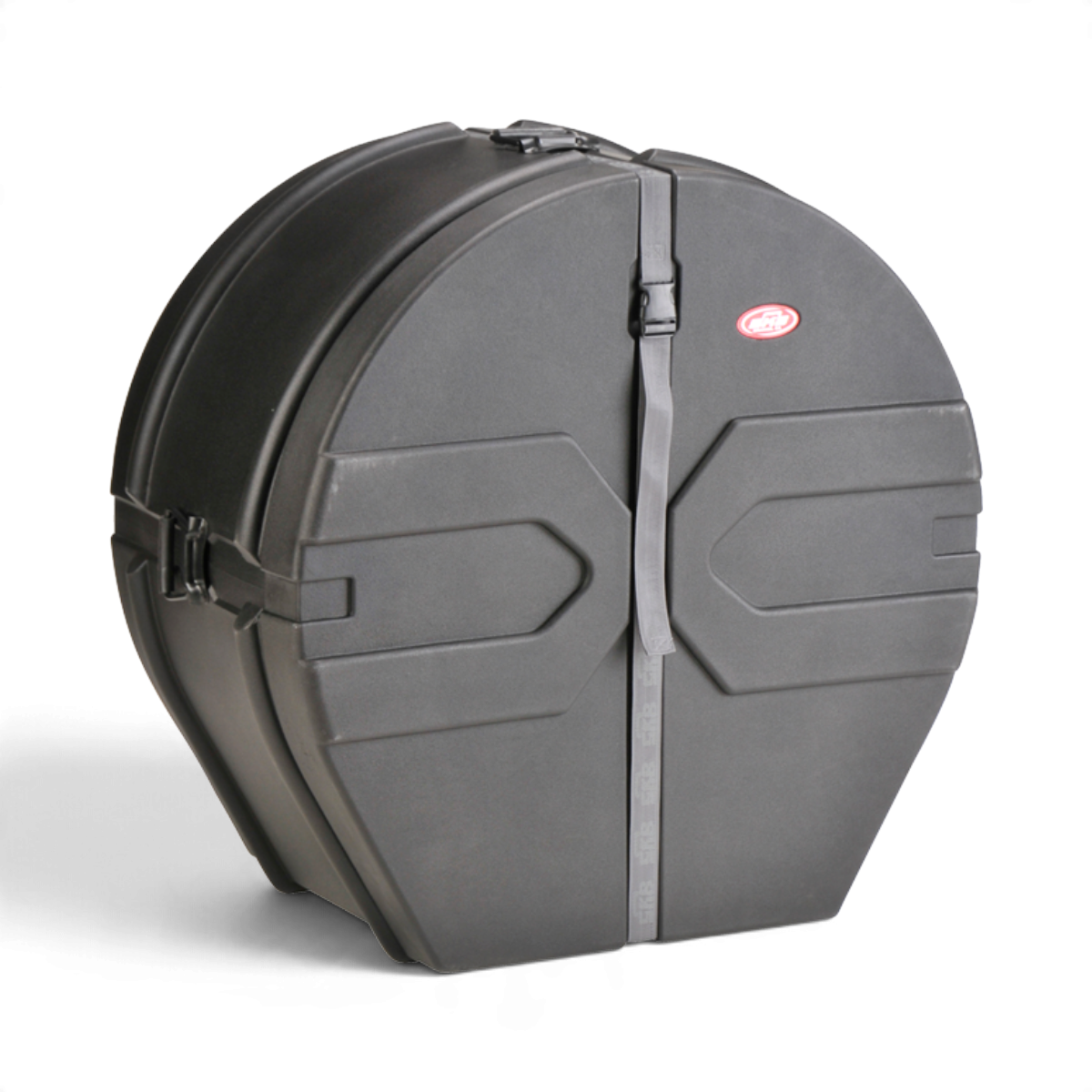SKB Cases 16 x 30 marching bass drum case in black, featuring a durable roto-molded D-shaped design and secure strap.