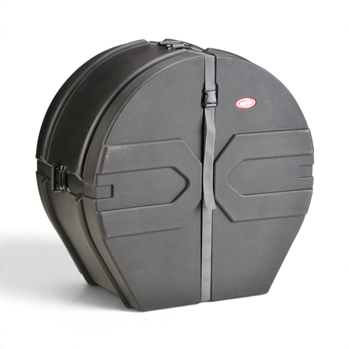 SKB Cases 16 x 30 marching bass drum case in black, featuring a durable roto-molded D-shaped design and secure strap.