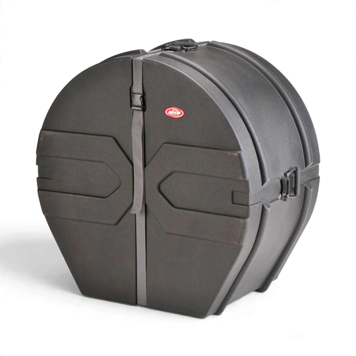 SKB Cases 16 x 32 marching bass drum case in black roto-molded plastic with D-shaped design and secure strap closure.
