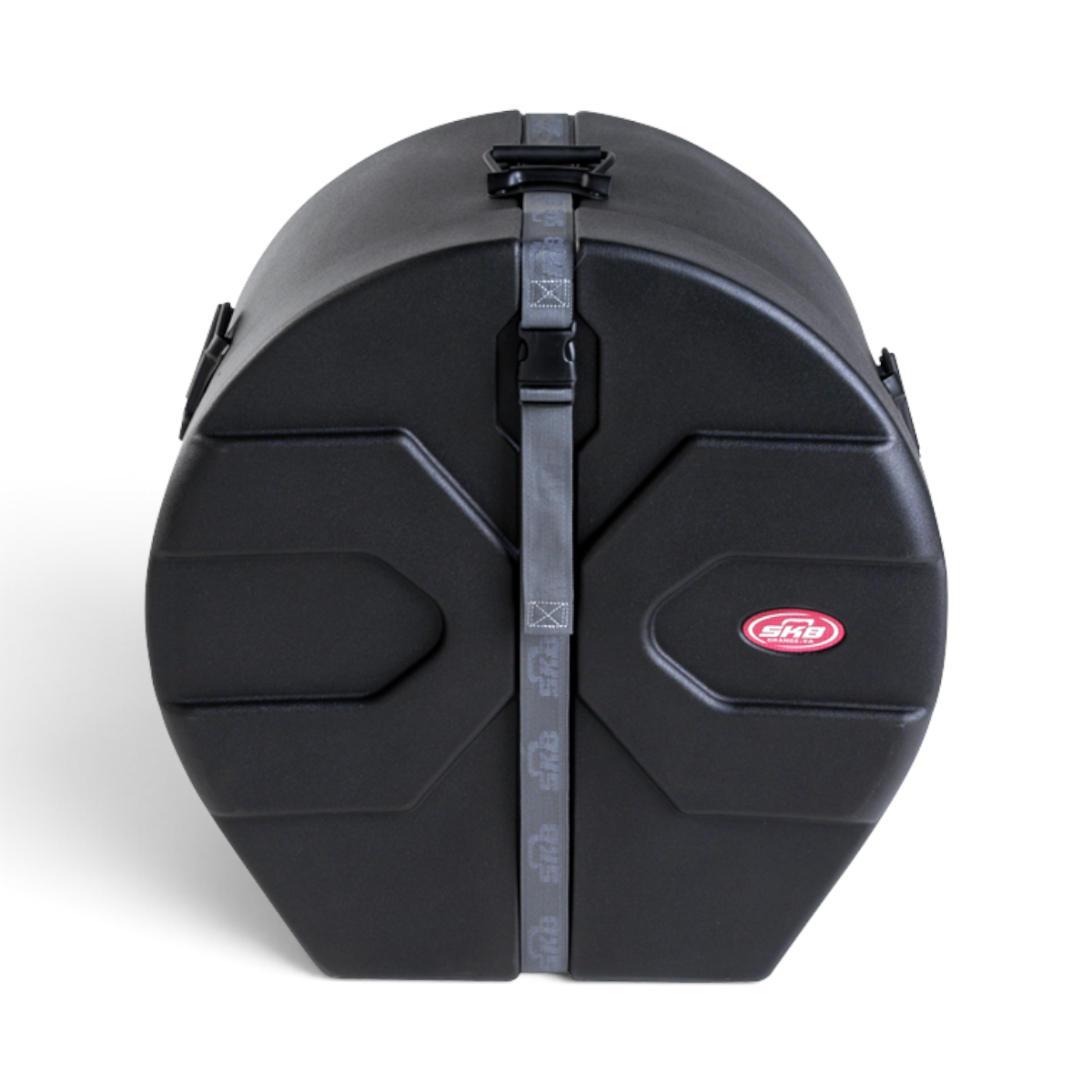 SKB Cases 14 x 20 marching bass drum case in black with Roto-X pattern, secure strap, and padded interior.